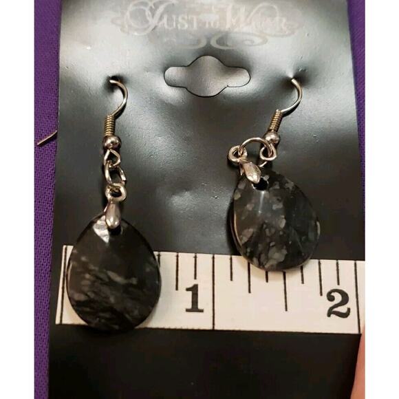 Natural Black Marbled Stone Dangle Earrings Teardrop Shape, Silver Tone, New - Picture 5 of 5